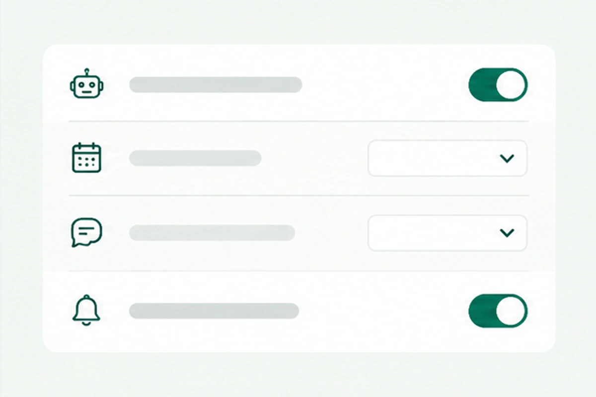 AI booking agent settings for services, schedules, messages, and reminders